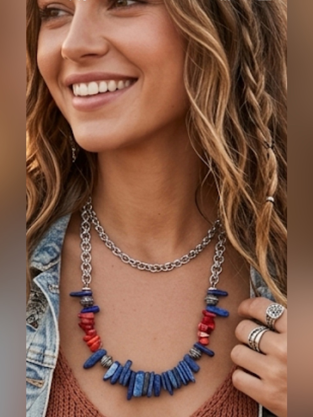 Bohemian Blue Lapiz lazuli & Red Layered Stone Necklace